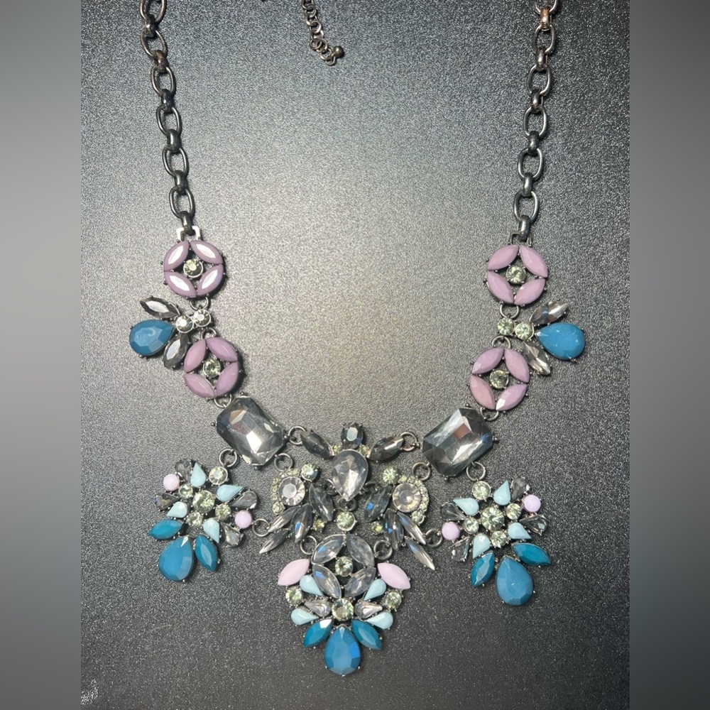 J Crew Floral Cabachon Glass Teal Pink Gray Gunmetal Chain Statement Necklace